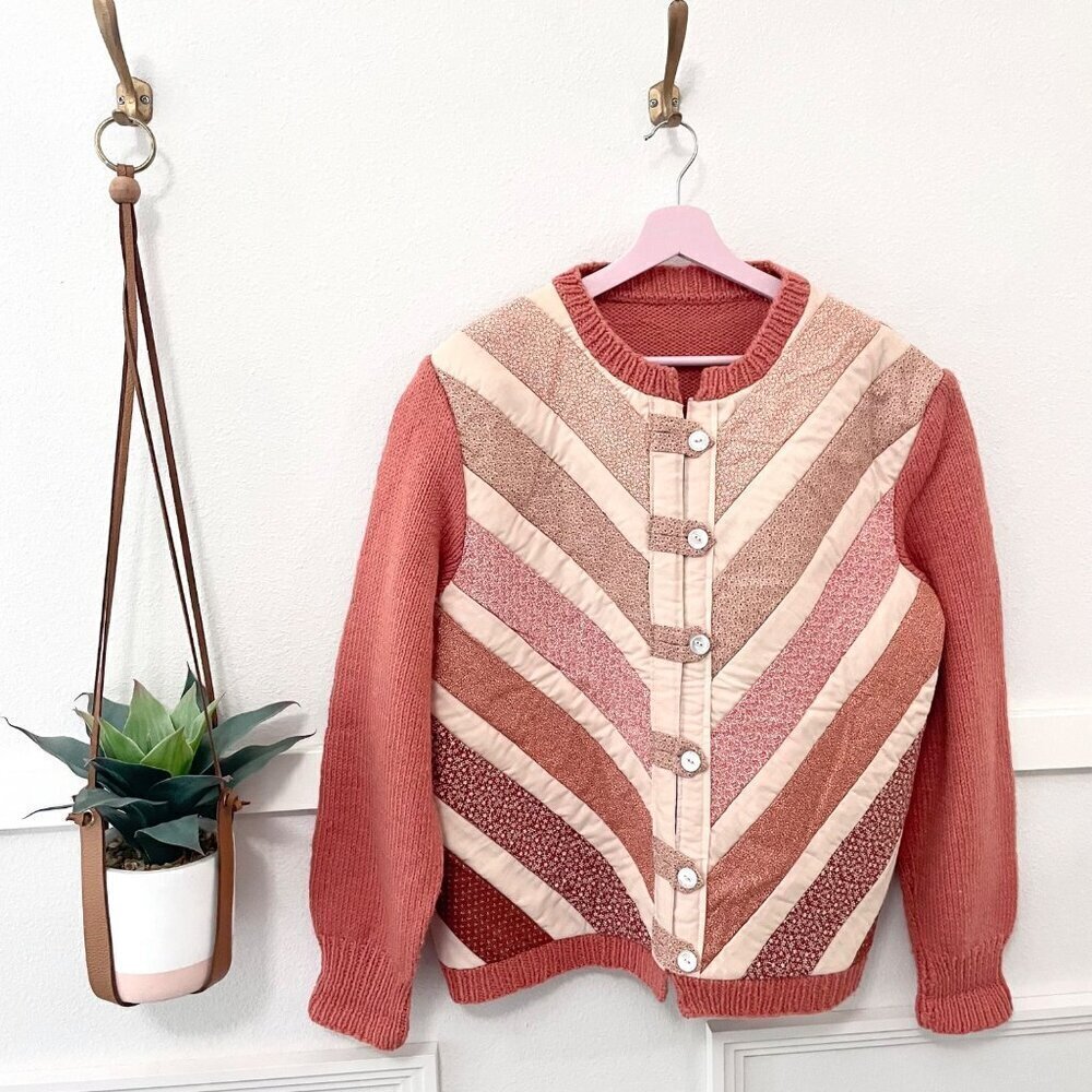 Cottagecore Hand Knit Peach Patchwork Sweater Siz… - image 2